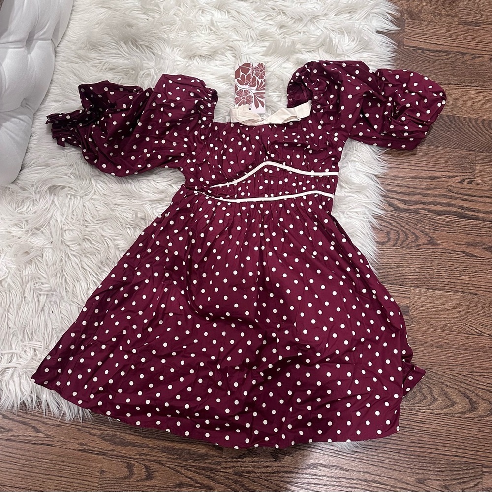 Polka Dot Puff Sleeve Bow Mini Dress NWT - Picture 3 of 8